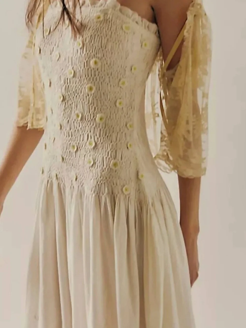 Cream Floral Smocked Midi Dress